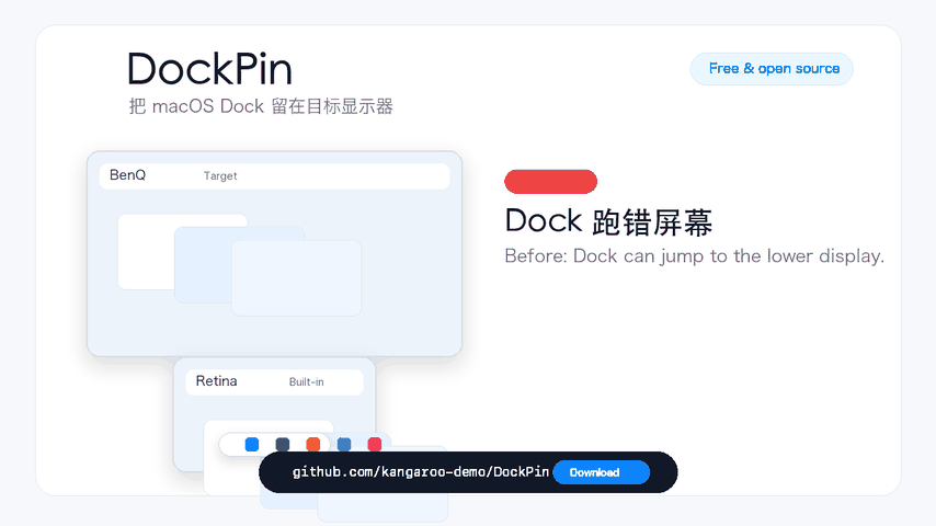 Illustrated before-and-after demo of DockPin returning the Dock to the selected upper display.